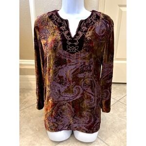 VTG WinterSilks V neck Velour Sheer Top Blouse Red Gold Pasiley Boho Hippie